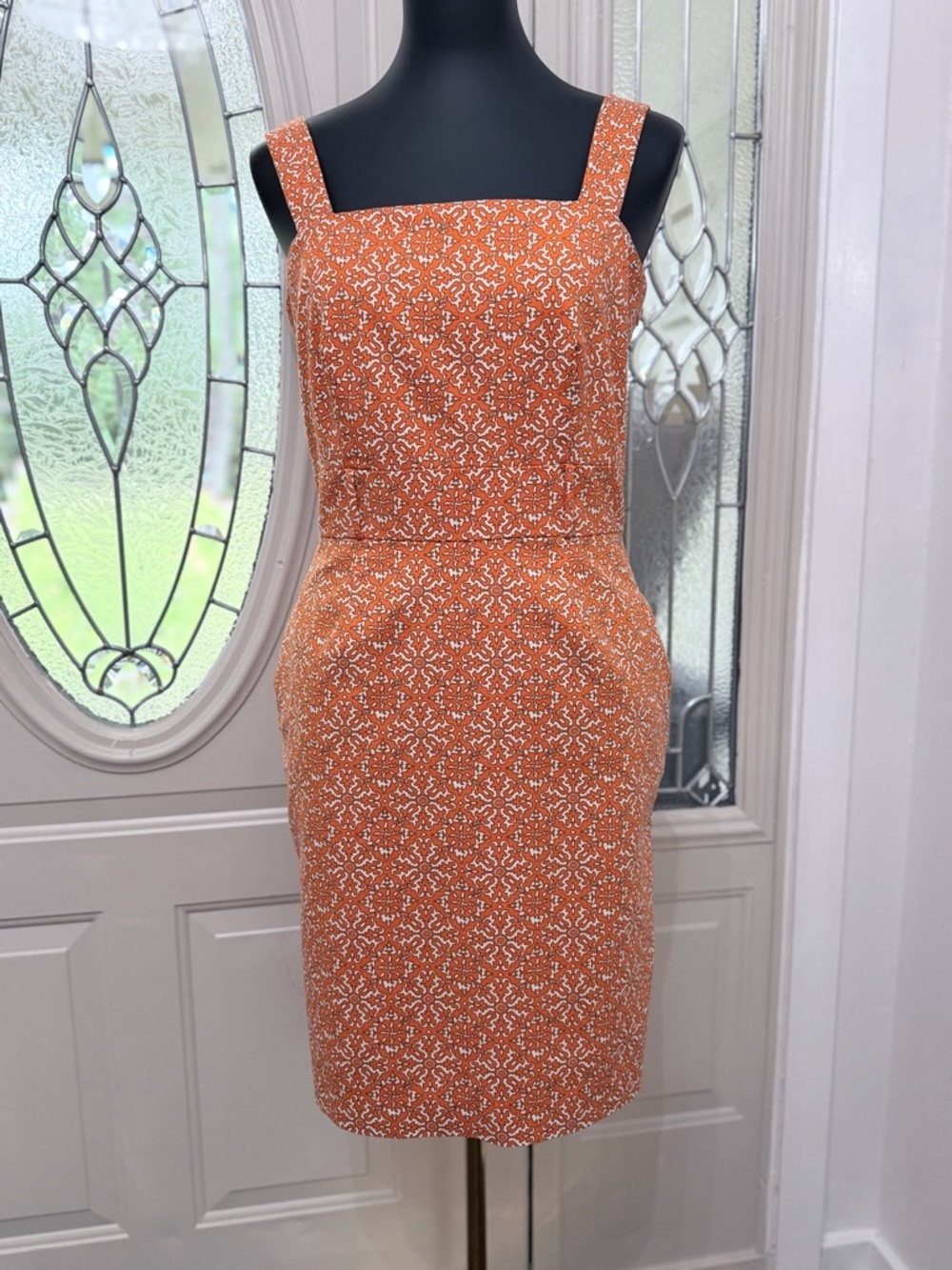 Rafaella Orange Print Sheath Dress Size 8 Square Neck Lined Stretch